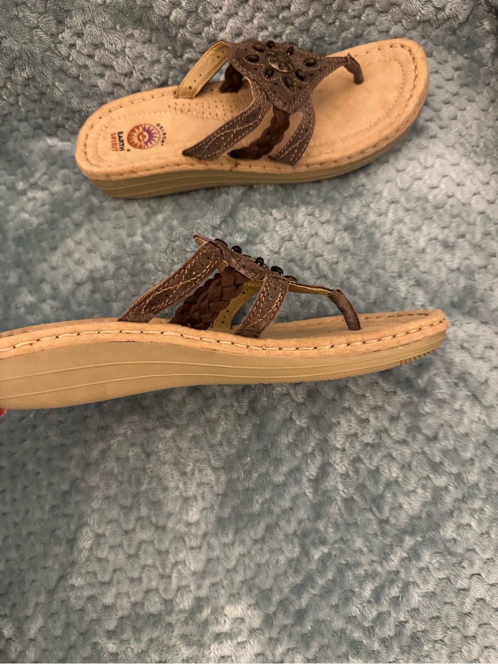 Earth Spirit Taupe Brown Laser-Cut Thong Sandals with Medallion Accent - Picture 4 of 5